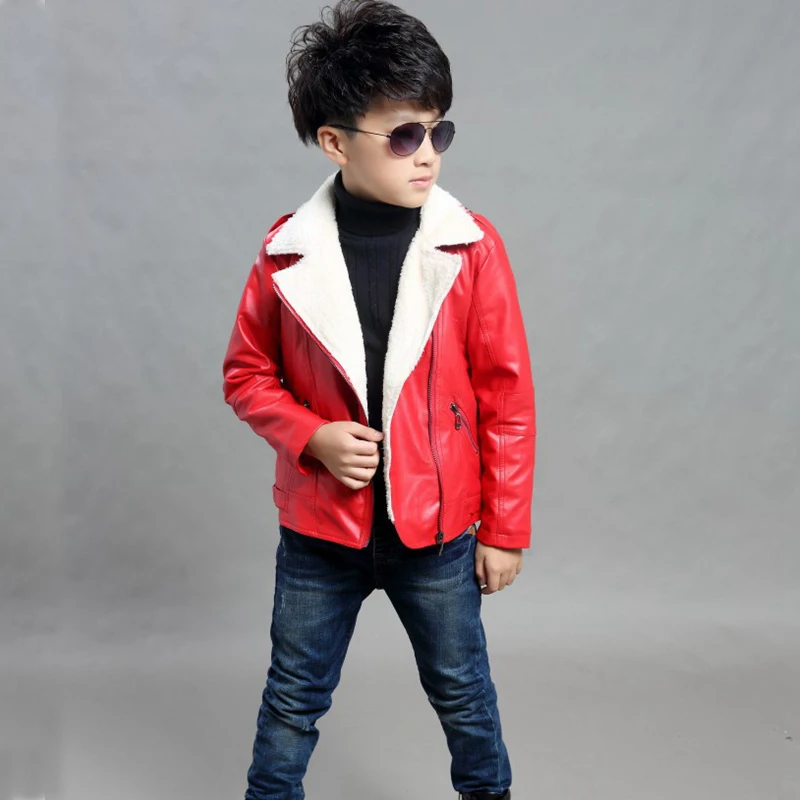 

Fashion Girls Kids Leather Jacket Zipper Thick Fur Children Outwear Turn Down Collar Boys Winter Coat Manteau Enfant TZ15
