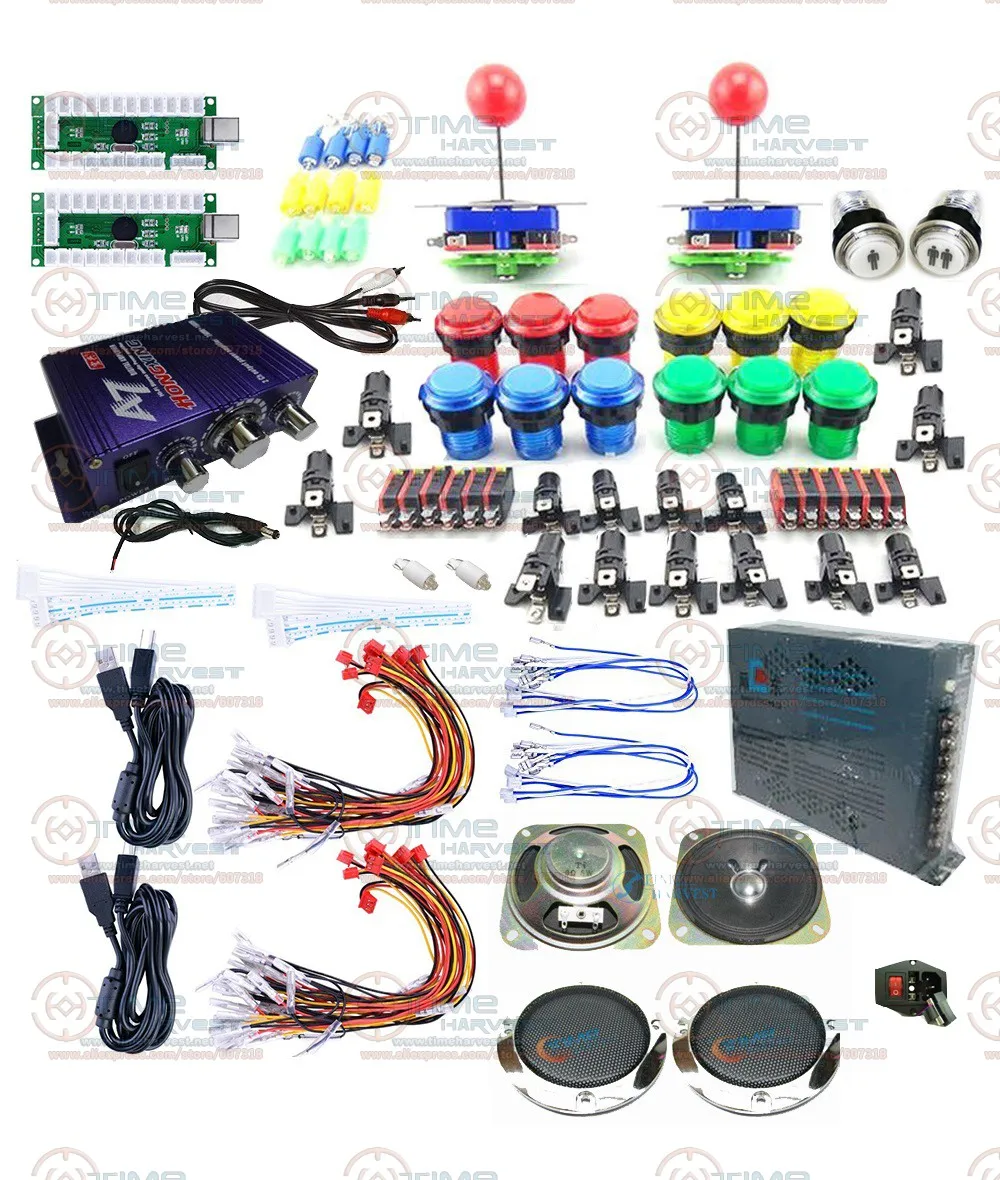 Arcade Game Joystick DIY Kits with Zero Delay LED USB Encoder Long shaft Joystick LED Illuminated Button Amplifier Power Supply