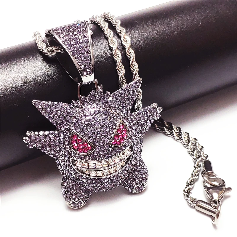 Хип-хоп аниме Gengar Ice Out Фиолетовый AAA+ кубический циркон кулон хип-хоп и ожерелье Мужская Покемон Гламурное ожерелье