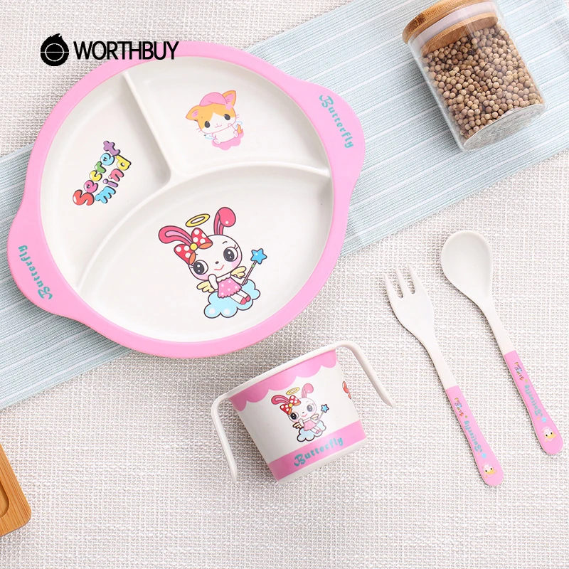WORTHBUY Cute Cartoon Kids Dinnerware Set Eco-Friendly Bamboo Fiber Dinner Set Children Cutlery For School Picnic Tableware