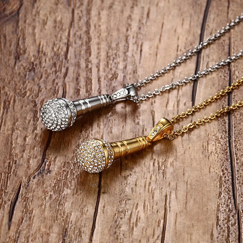 ZORCVENS Gold-color Stainless Steel CZ Stone Hip Hop Microphone Necklace &amp Pendant for Men/Women | Украшения и аксессуары