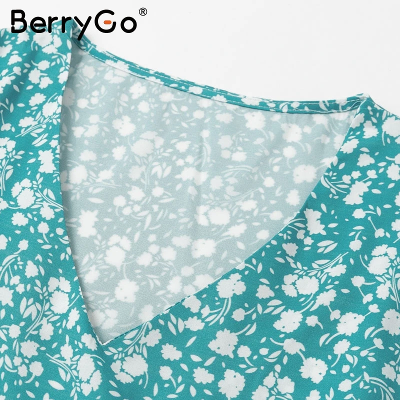 BerryGo Boho Летнее платье с цветочным принтом для женщин v-образным вырезом голубое