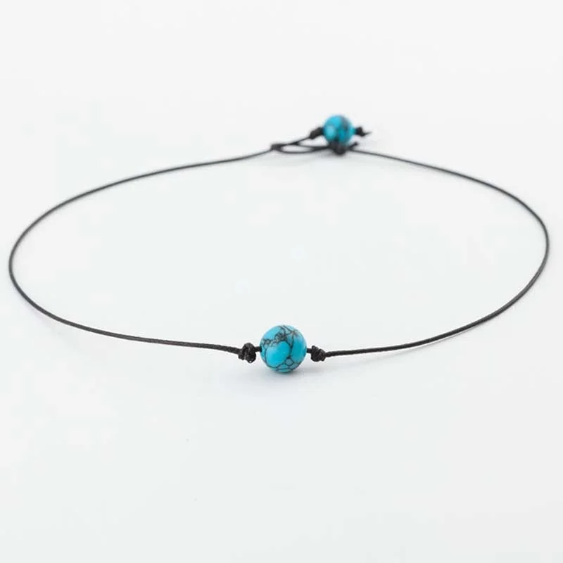 Женский кожаный чокер ручной работы ожерелье с зеленой синей бирюзой и жемчугом