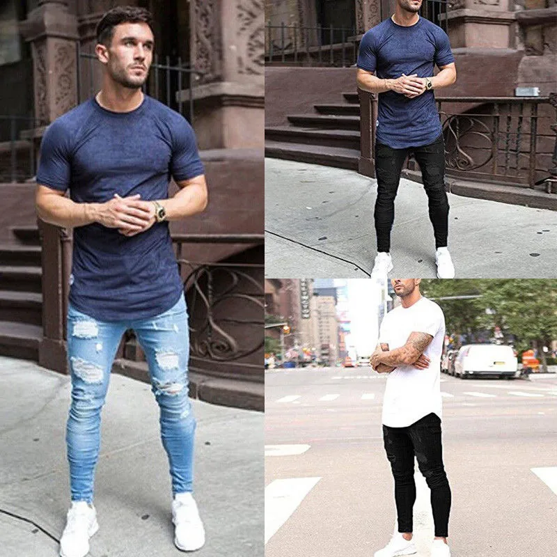 

Cycling jeans 2019 New Hole Slim Solid Color Worn Men's Black trousers Men's Fashion Street Light feet pants More Size S-3XL
