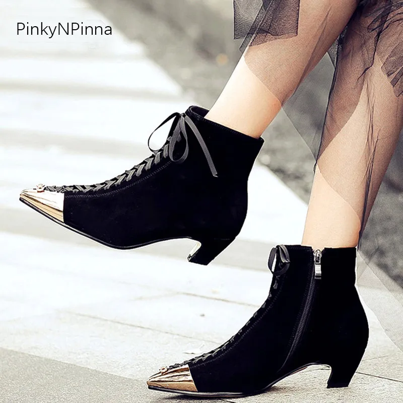 

Luxury women genuine leather sheepskin suede ankle boots metallic pointed toe laced up kitten heel designer booties party shoes