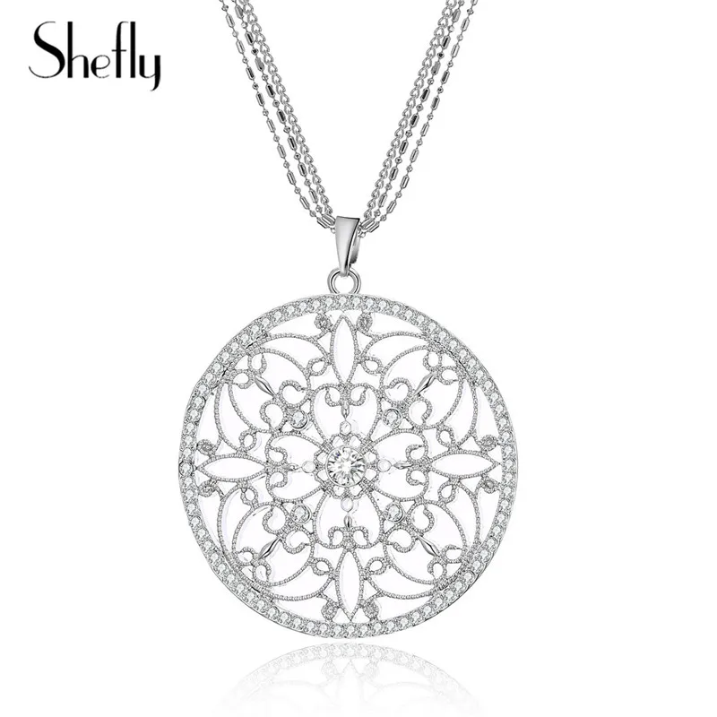 Винтаж себе Jewelry круглые подвески ожерелье Полые Геометрический Кристалл длинные цепочки и ожерелья для женщин модный свитер цепи Подарки - Окраска металла: Silver