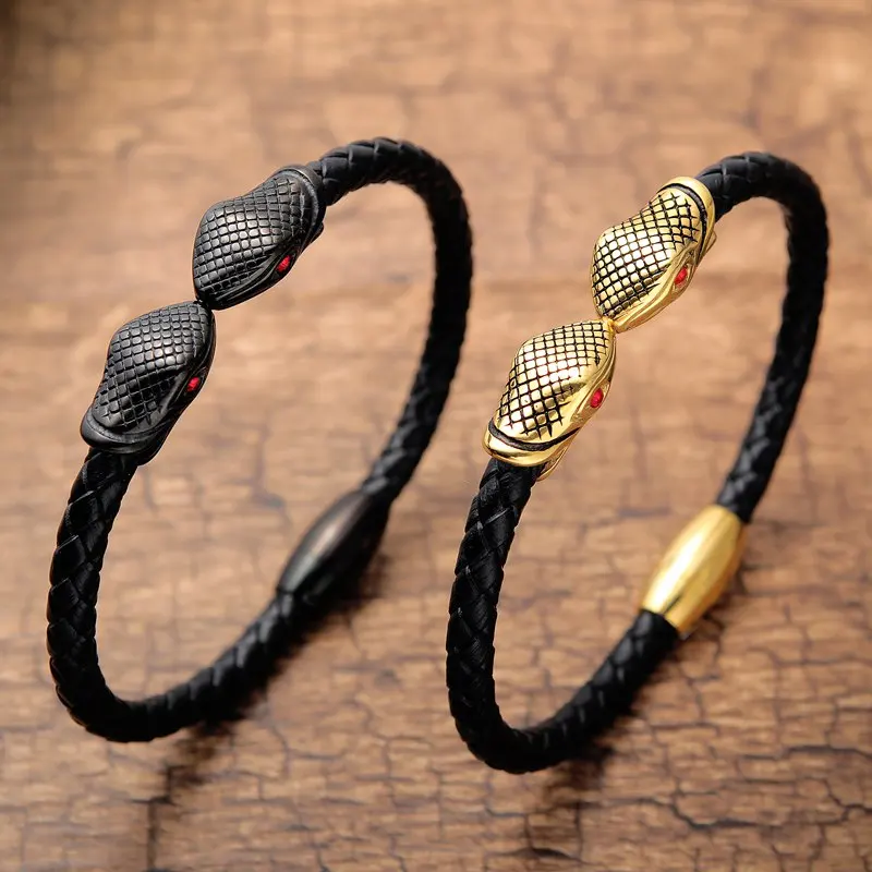 Stainless Steel Snake Leather Bracelet Men Jewelry Pulseras Hombre Punk Rock Handmade Mens Bracelets 2018 Fashion Jewellery Gift | Украшения