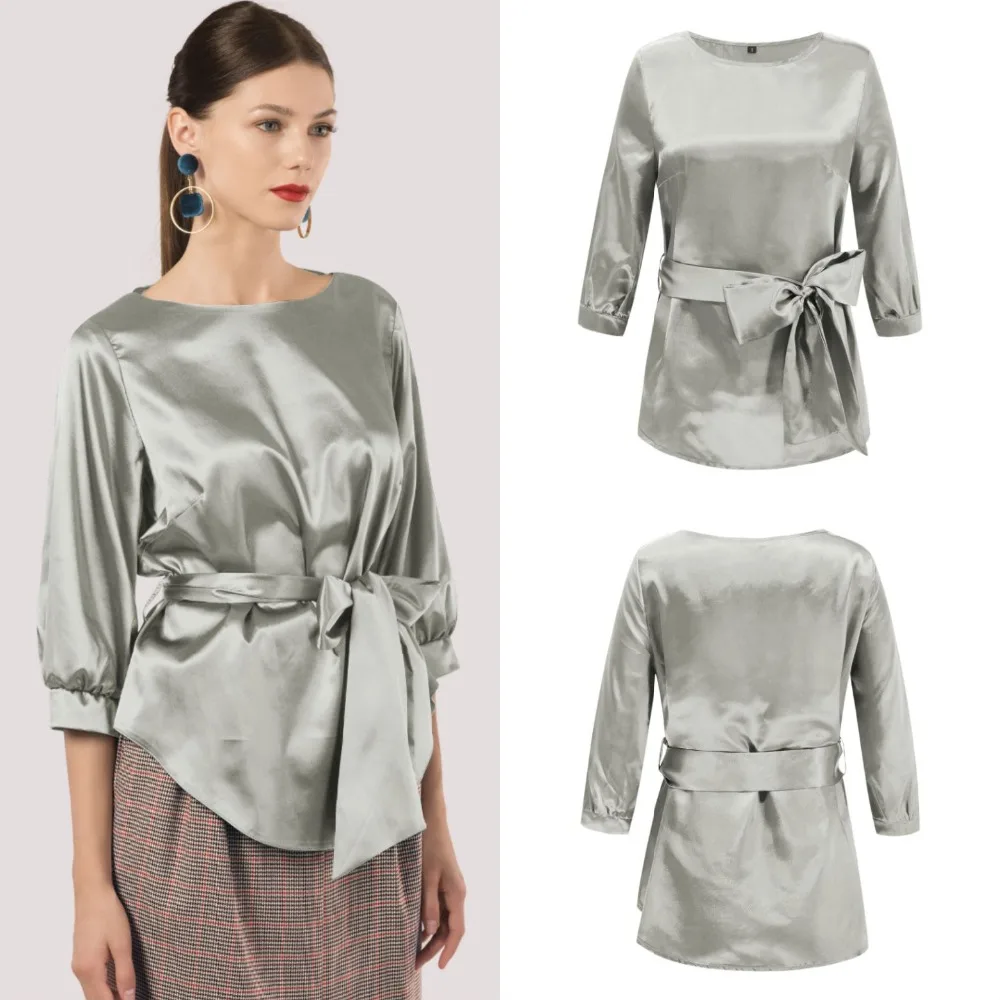 Женское летнее сатиновое платье с коротким рукавом и поясом однотонное уличное