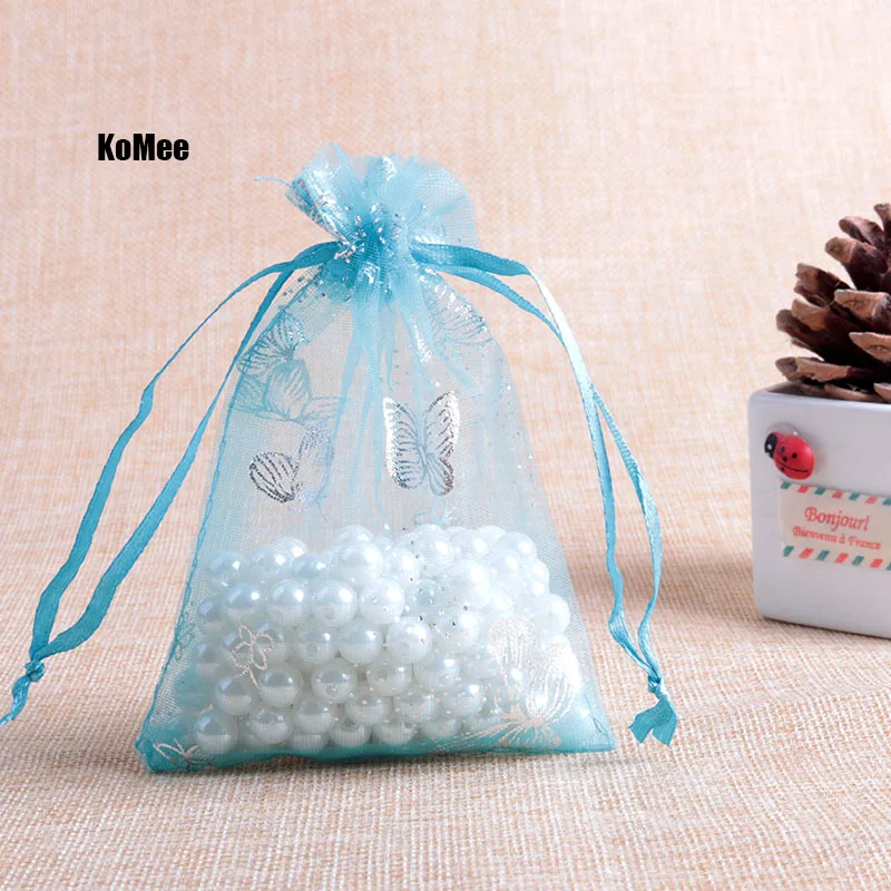 

100pcs 7x9cm Drawable Organza Bags Butterfly Lake Blue color Wedding Christmas Gift Bag Jewelry Packaging Bags Pouches