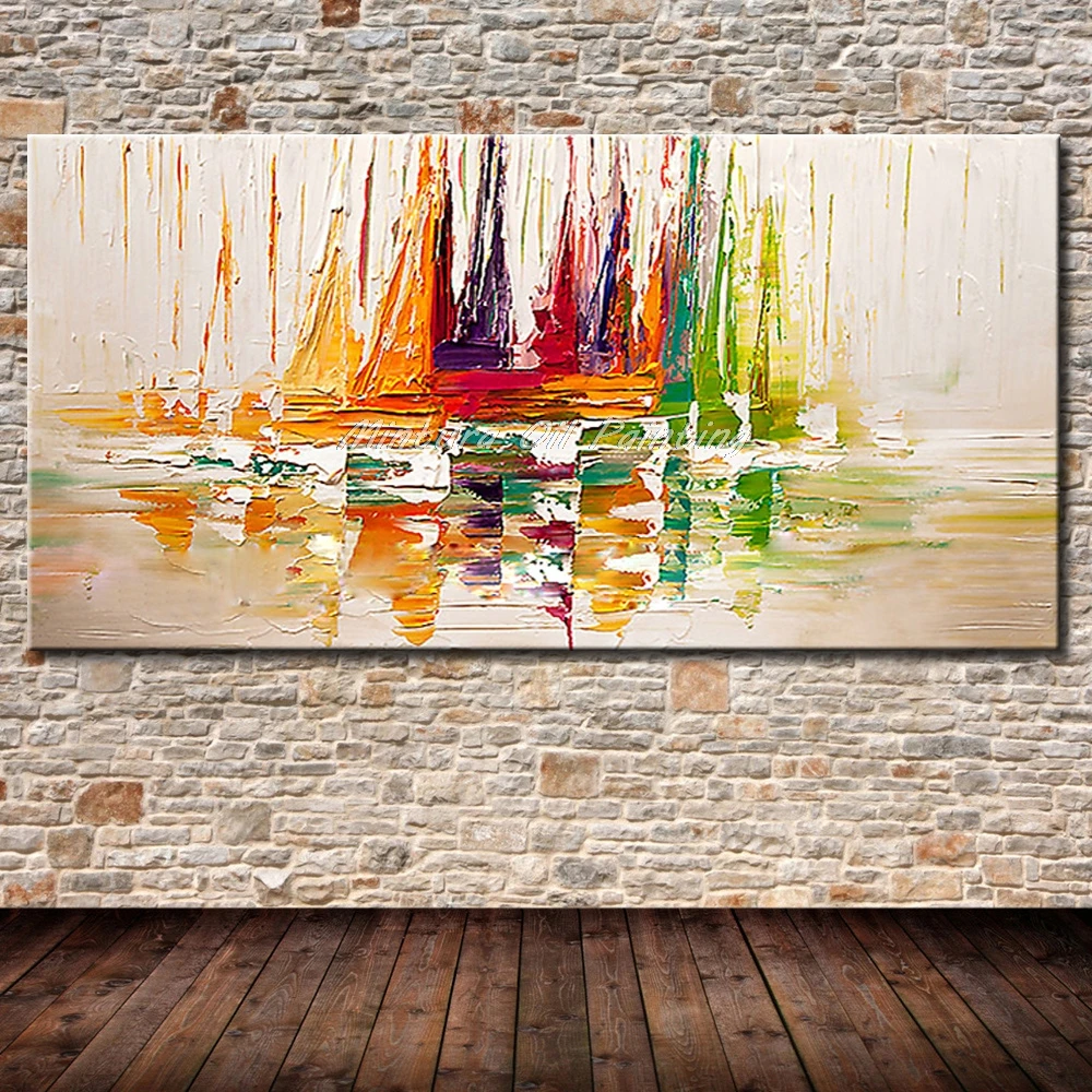 

Mintura Yacht Ship Boats Sailing Hand Painted Large Size Pictures Decoracion Canvas Oil Paintings Wall Art Decor For Living Room