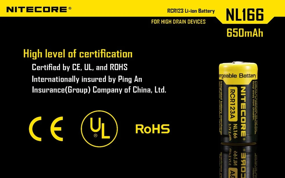 NiteCore NL166 RCR123A(16340) 3,7 V 650 мА/ч, 3A Li-Ion Перезаряжаемые Батарея с PCB защитой