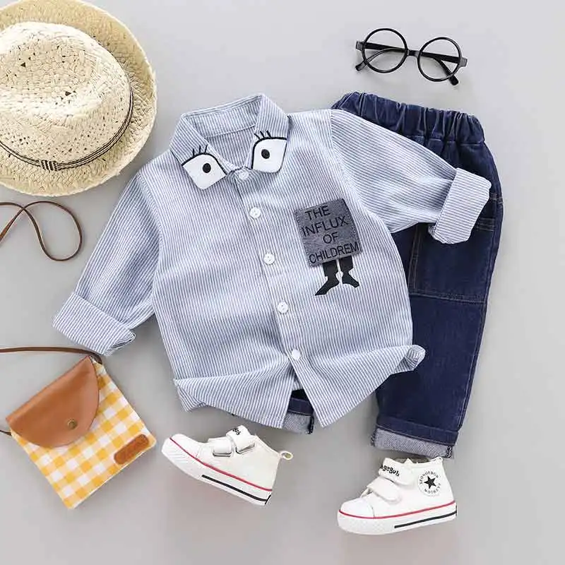 blue eyes-shirt-sets Одежда для маленьких мальчиков рубашки в полоску с длинными рукавами Топы, джинсовые штаны Одежда для младенцев Bebes повседневные Костюмы цельнокроеная рубашка цельнокроеная одежда - Цвет: blue eyes-shirt-sets