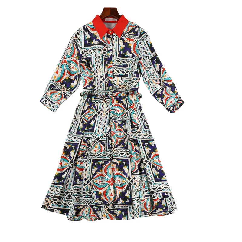 

Ladies Vintage Printing Three Quarter Lapel Chiffon Shirt Pleated Dresses Knee Length High Wais Sashes Womens Plus Size Dresses