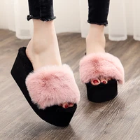 2022 new spring autumn fluffy plush platform slippers women indooroutdoor wedges shoesthick bottom cake heel zapatos de mujer