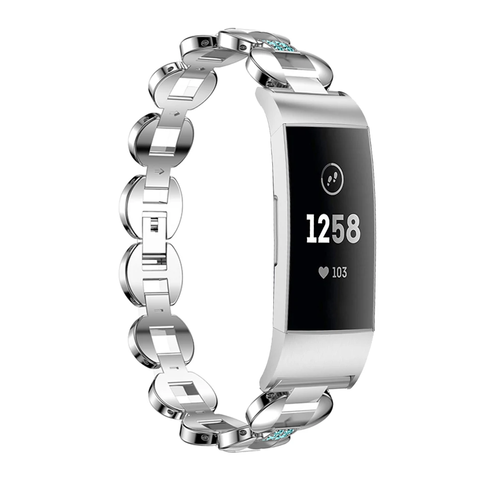 Ремешок для Fitbit Charge 3 металлический сменный серебристый браслет со стразами 4 l0506