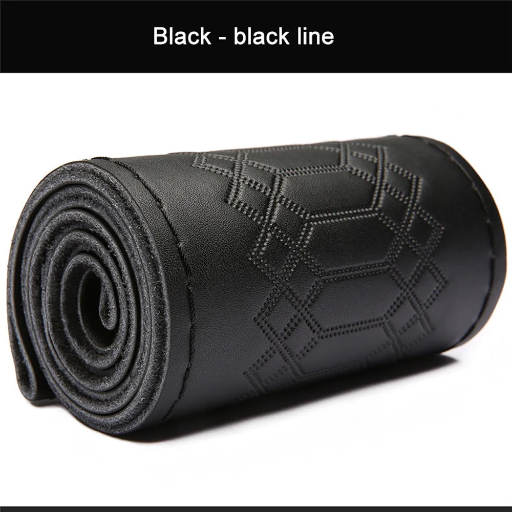 black-black line Кожаные чехлы ручной работы на руль, модные тисненые 38 см универсальные чехлы из натуральной коровьей кожи для автомобиля, Нескользящие износостойкие - Название цвета: black-black line