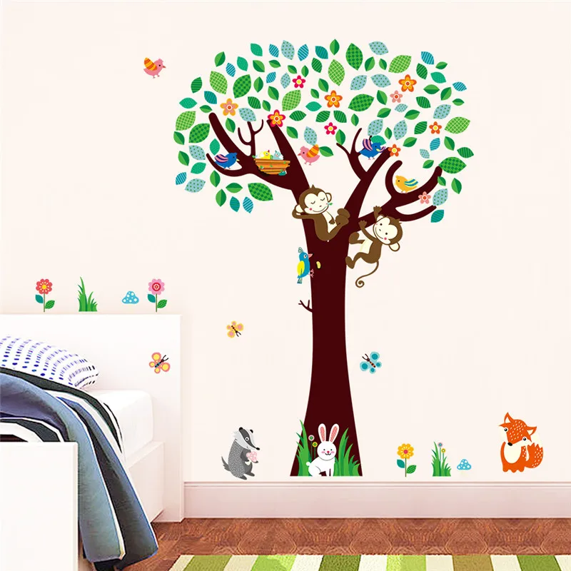 

Cartoon Forest Animal Monkeys Rabbit Birds Tree Wall Stickers For Kids Rooms Butterfly Nursery Home Decor Bedroom Poster Mural