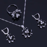 sparkly flower black cubic zirconia white cz silver plated jewelry sets earrings pendant chain ring v0297