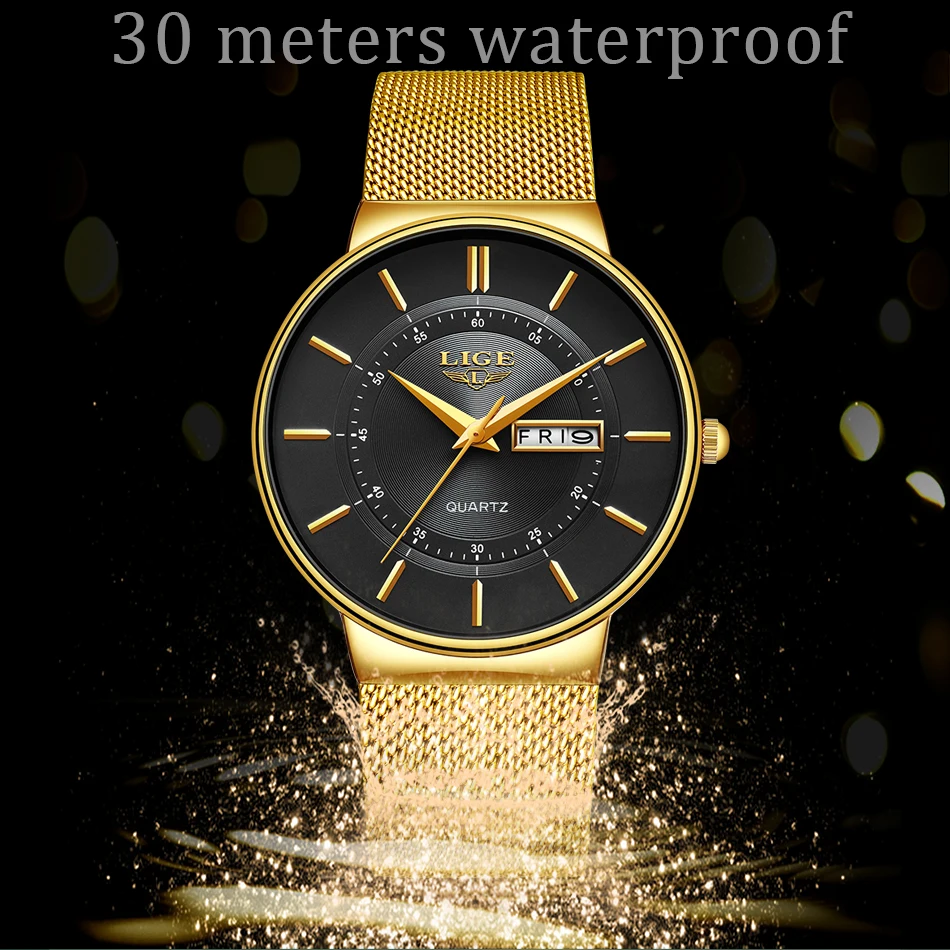 Relogio Masculino LIGE New Mens Watches Top Brand Luxury Ultra Thin Quartz Watch Men Steel Mesh Strap Waterproof Gold Watch