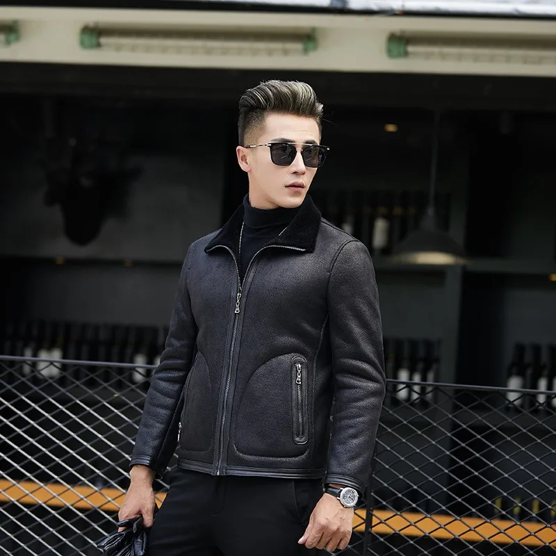 Chaqueta Cuero Hombre мотоциклетная Байкерская зимняя теплая куртка с меховой подкладкой пальто из натуральной кожи приталенная офисная Повседневная куртка-бомбер