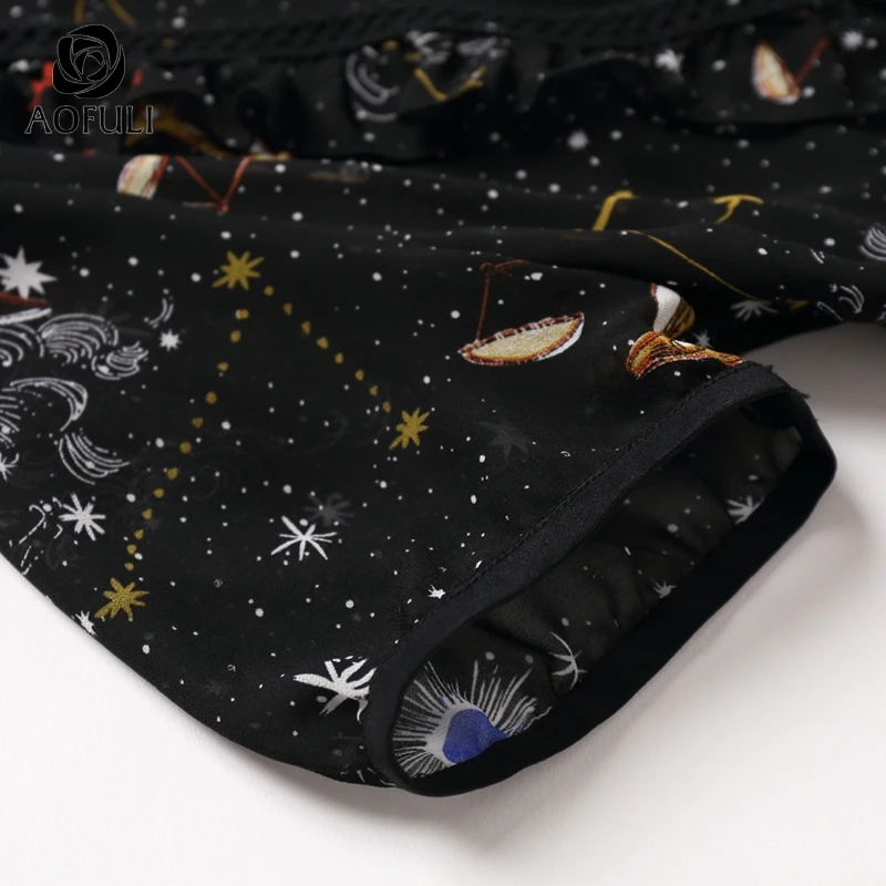 2XL/3XL/4XL/5XL шифоновое платье с принтом Галактики, подиумное женское платье большого размера с коротким рукавом-фонариком и высокой талией, AOFULI 00911