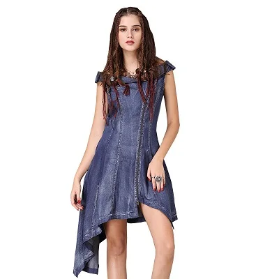 Летнее платье Yuzi. may Boho новые джинсовые платья с вырезом лодочкой и коротким рукавом асимметричный подол винтажные женские платья A82088 Vestido - Цвет: Blue