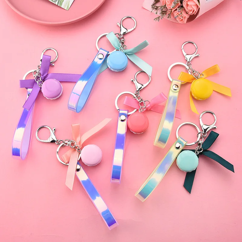 

Soft clay French cake keychain ribbon bow Car keychain leather rope pendant wedding Key Ring Party gift Jewelry pg K2273