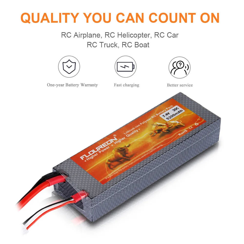 FLOUREON Lipo 2S 7,4 V 5200mAh 30C аккумуляторная батарея Dean T Коннектор с жестким чехол для RC грузовика автомобиля вертолета лодки
