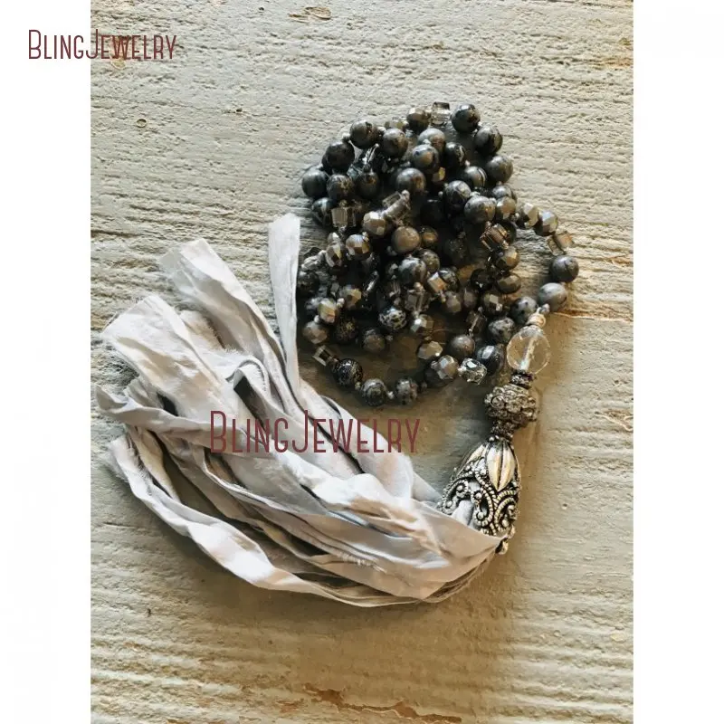 Fun Accessory Black Knot Gems Beads Necklace Shabby BoHo Gray Sari Silk Tassel NM24967 | Украшения и аксессуары