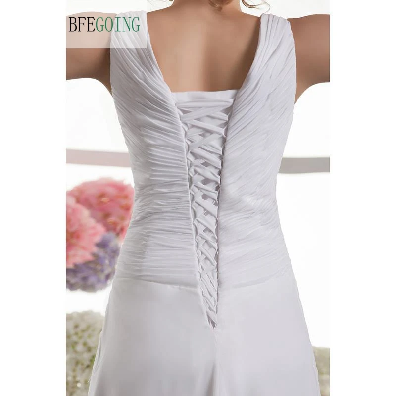 

White Chiffon Beading V-Neck Sleeveless Floor-Length A-line Wedding dresses Sleeveless Lace up Custom made