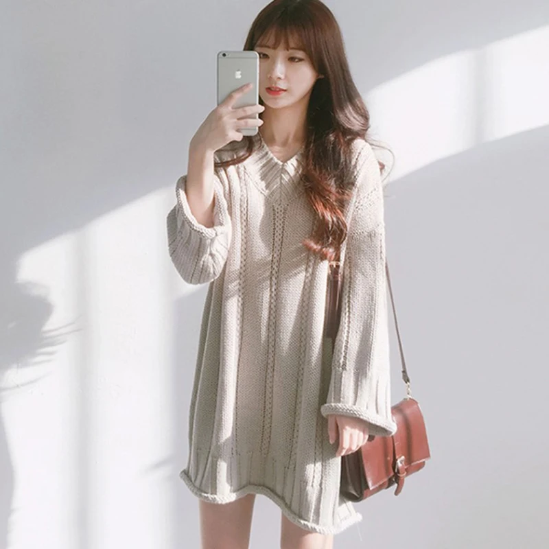 Women Long Sweater Dress Autumn/Winter New Sexy V-neck Loose Tops High Quality Soft Wild Pullover For Sweet Teen Girls 2019 Hot |