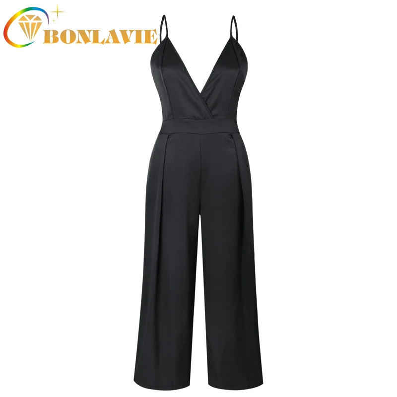 

Spring Summer Fashion Jumpsuit Spaghetti Strap Long Pants Deep V-neck Solid Color Sexy Backless Wide Leg Loose Type Jumpsuit
