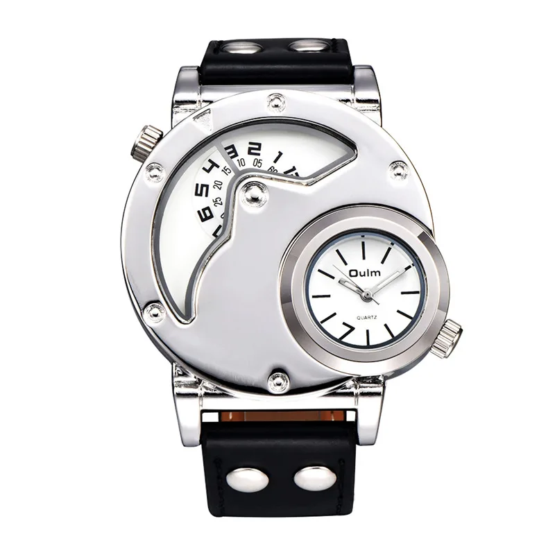 

Oulm HP9591 Silver Case Men's Watches Dual Time Zone Unique Sport Watch Male Casual PU Band Wristwatch Man relogio masculino