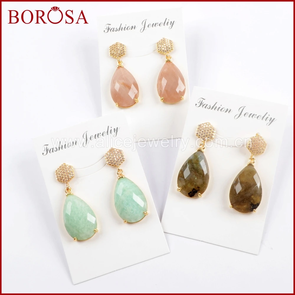 BOROSA 5 пар натуральный мульти вид граненый камень золотые серьги зубец Установка