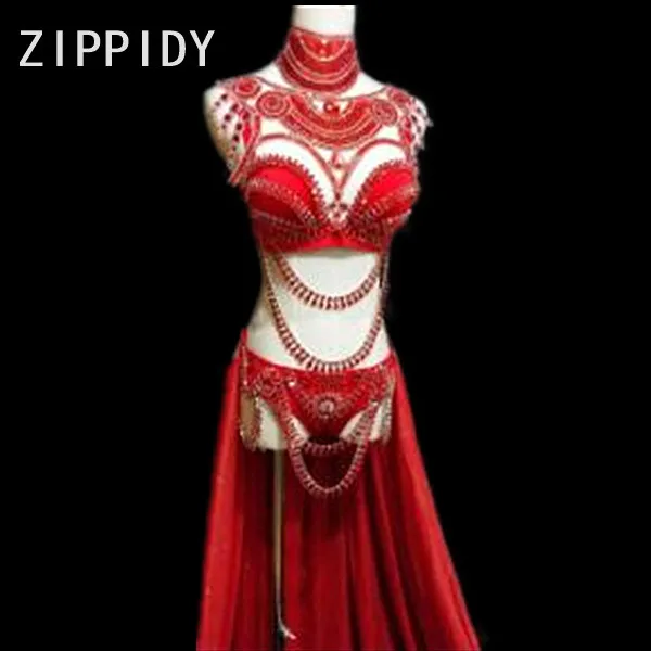 

2018 Red Rhinestones Beading Bra Short And Long Skirt Women's Set Female Singer Stage Show Clubwear Birthday Party Sexy Costume