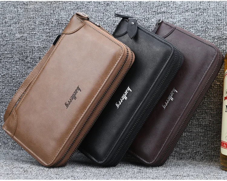 New Business Leisure Wallets for Men Male Double Zipper Large Capacity Hand Bags Mobile Phone Pouch Card Wallet Purse