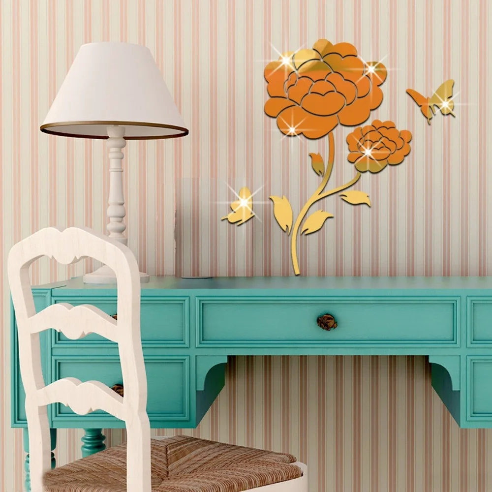 Зеркальные наклейки на стену украшение с изображением цветов и бабочек для
