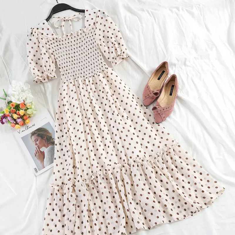 Women Dress Женское летнее Бандажное шифоновое платье в горошек с оборками, Повседневное платье с коротким Расклешенным рукавом, эластичное приталенное плиссированное платье-пуловер с высокой талией - Цвет: Women Dress