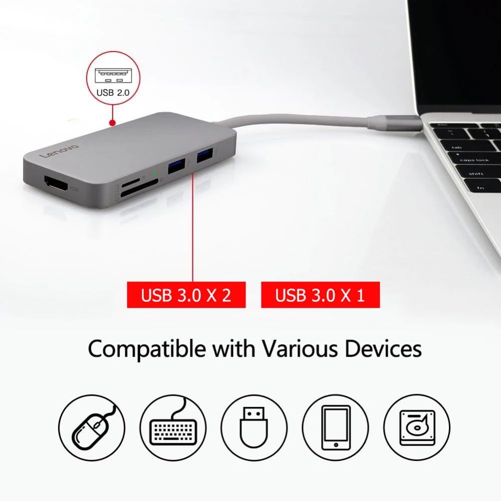 Lenovo Оригинал 7 в 1 USB-C концентратор Тип C Женский USB 3 0 TF/SD кардридер HDMI порт для Macbook