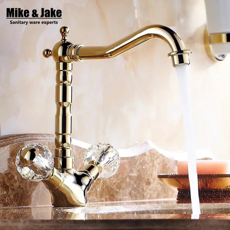Бесплатная доставка Ретро Золотые Смесители Ванная комната кристалл Двойная