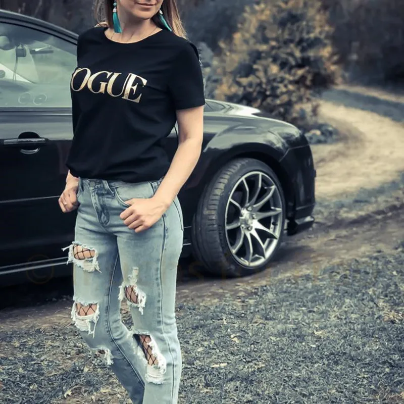 2019 новейшие летние хлопковые топы рубашки VOUGE с золотыми буквами футболка