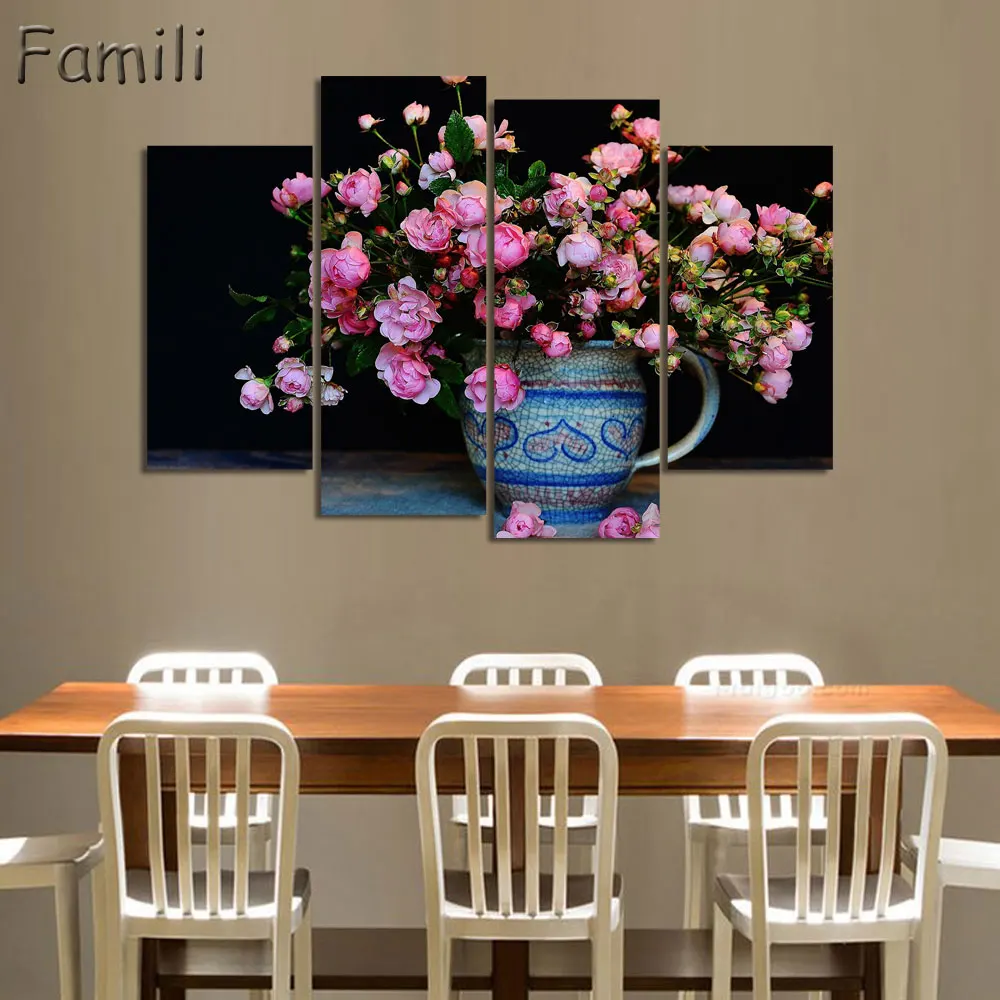 4 шт. Картина на холсте с изображением цветов и чашек|art pictures|picture for kitchenmodern paintings