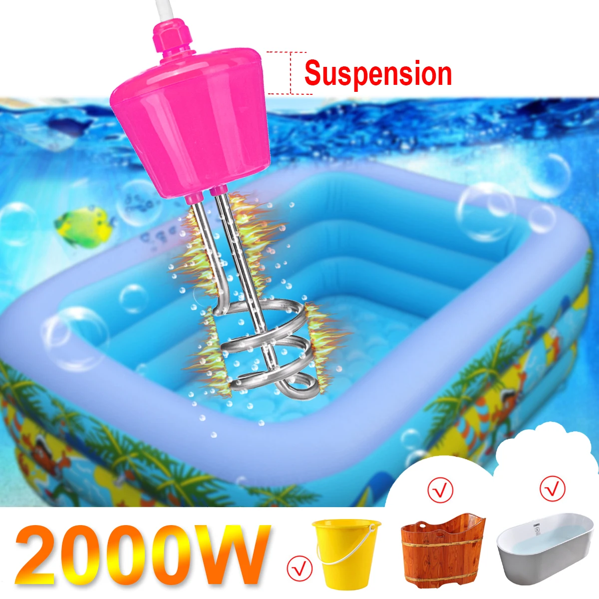 

2000W 220-250V Portable Suspension Stainless Steel Electric Floating Immersion Heater Boiler Water Heating Element For Bathroom