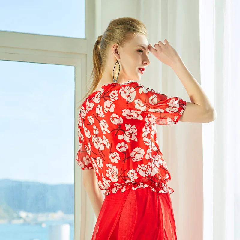 Летняя шелковая футболка PIXY женская красная с коротким рукавом и принтом пляжный