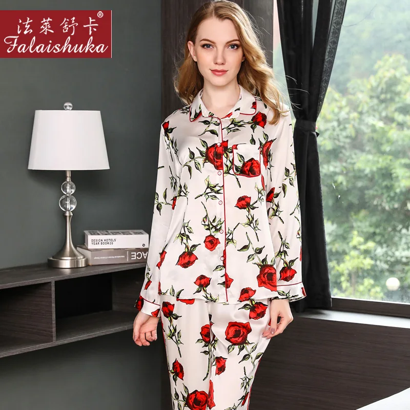 Pijama Feminino 100% Silk Pajama Sets Women Sexy Stain Pajama Set Two Piece Silk Nightwear Top and Pant Home Wear Sleepingwear