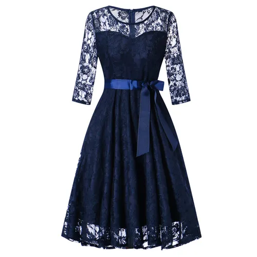 OML516Z# платье подружки невесты с круглым вырезом и коротким фиолетовым кружевным бантом, платье на выпускной вечер, женская мода - Цвет: dark blue