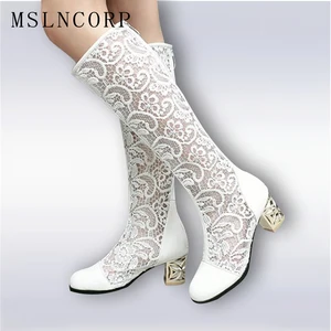Женские сапоги на квадратном каблуке, сетчатые сапоги до колена, на молнии, с кружевом, дышащая обувь, размеры 34-46, для лета