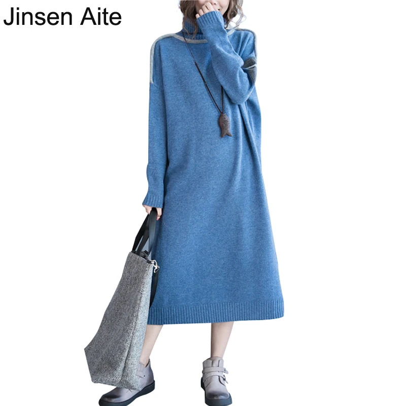 

Jinsen Aite Winter Large Size Women Clothing Turtleneck Long Knitted Comfortable Warm Dress Loose Casual Sweater Vestido JS01