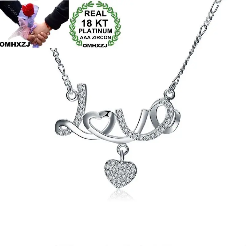 

OMHXZJ Wholesale European Fashion Woman Girl Party Wedding Gift LOVE Heart AAA Zircon 18KT White Gold Pendant Necklace NA150