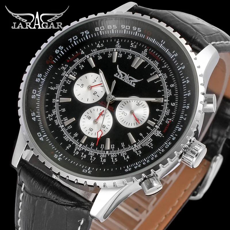 

Jaragar Top Brand Luxury Men Mechanical Watches Men's Automatic 6 Hands Genuine Leather Strap Black Auto Date Wristwatches